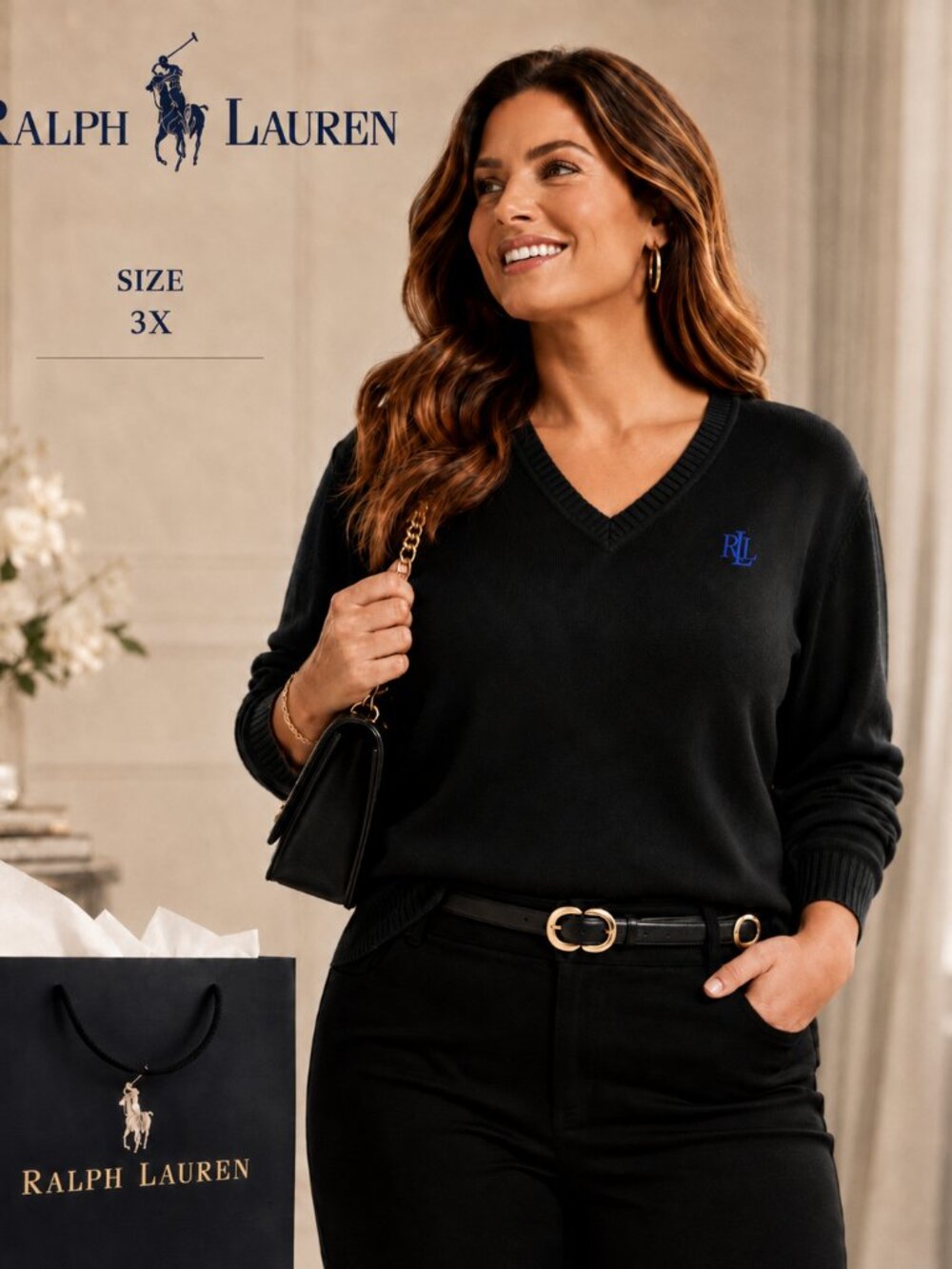 LAUREN RALPH LAUREN Vintage Y2K Black 100% Cotton V‎ Neck Sweater Size 3X Classy